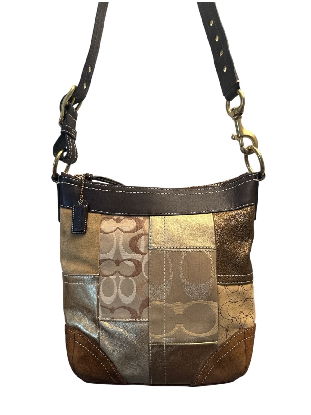 Coach Hobo Patchwork Signature Crossbody in Brown and Gold Tones